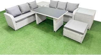 Fimous Fimous 7 Seater Rattan Outdoor Dining Table 3 Seater Sofa Set with 2 Side Tables Big Stool Light Grey
