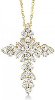 Allurez Diamond Baguette Cross Pendant Necklace 14k Yellow Gold (0.60ct)