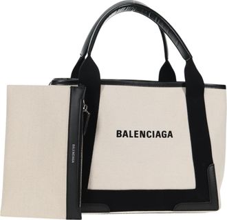 Balenciaga Navy Cabas Canvas With Leather White Canvas Bag (Pre-Owned)