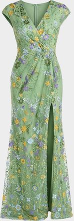 Mac Duggal Floral-Embroidered Column Gown