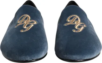Dolce & Gabbana Blue Velvet DG Logo Loafers Formal Mens Shoes