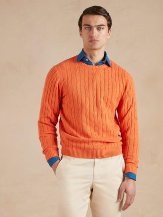 Oliver Brown Cable Knit Cotton Cashmere Crew Neck Jumper - Tangerine Orange