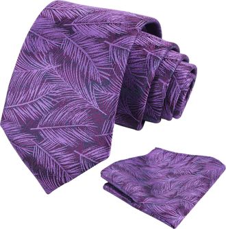 Alizeal Mens Leaves Pattern Tie and Hanky Elegant Romantic Wedding Party Necktie and Pocket Square Set, Purple