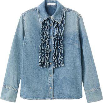 Mango Ruffle Denim Shirt in Medium Blue at Nordstrom, Size 2