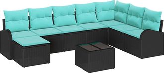 vidaXL Juego De Sof&aacute; 9 Uds. Negro Y Turquesa Rat&aacute;n Sint&eacute;tico Vidaxl