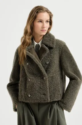 Brunello Cucinelli Fuzzy shearling pea coat in Green at Nordstrom, Size 38