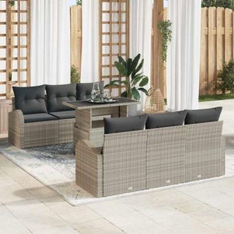 vidaXL Conjunto De Sof&aacute; De Jard&iacute;n Con Coj&iacute;n 7 Pcs Gris Claro Polirat&aacute;n Vidaxl