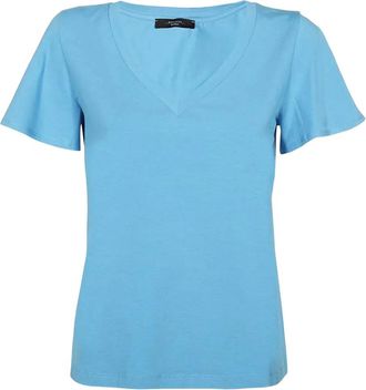 Max Mara V-neck ruffled-sleeve T-shirt - women - Cotton/Elastane - L - Blue
