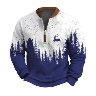 Generic Mens Christmas Sweatshirt 1/4 Zip Pullover Tops Ugly Christmas Tree T-Shirt Reindeer 3D Printed Blouse Casual V Neck Jumper Funny Festive Holiday Swea