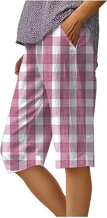 Generic Womens Shorts Linen Shorts for Women UK Soft Cute Checked Summer Casual Beach Bermuda Long Short Ladies Boho Travel Wide Leg Knee Length Capri Pants L