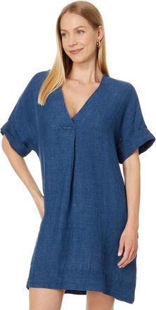 Faherty Sanibel Dress Small Indigo 100% Linen Textured V-Neck DDR2676