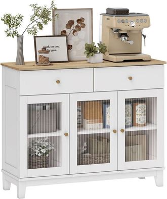 HOMCOM Homcom - Aparador 3 Puertas De Vidrio Estriado Aparador Para Sal&oacute;n Moderno Con 2 Cajones Y Estantes Ajustables Para Comedor Entrada Blanco 100x35x80,3