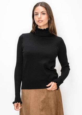 YAL New York Ribbed Sleeve Sweater with Ruffle Neckline