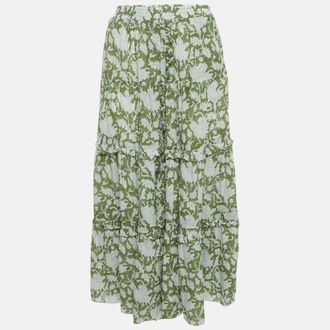 Maje Green Jitale Printed Ruffled Maxi Skirt