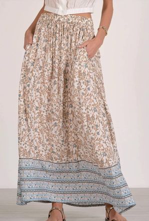 Elan Drawstring Maxi Skirt In Blue/whimsy Print