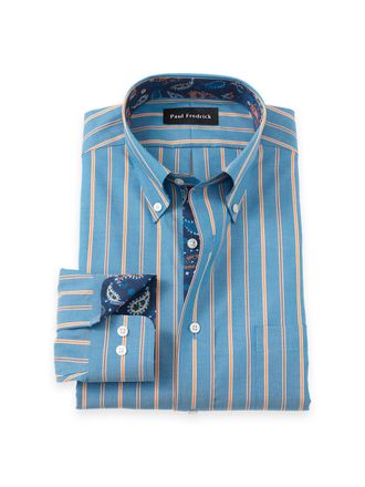 Paul Fredrick Slim Fit Non-iron Cotton Stripe Dress Shirt With Contrast Trim