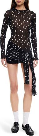 Lioness Ford Long Sleeve Dot Minidress in Noir Polka at Nordstrom, Size X-Large
