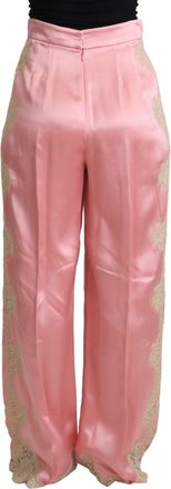 Dolce & Gabbana Womens Pink Lace Trimmed Silk Satin Wide Legs Pants Cotton Nylon