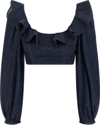 Zimmermann Aster Denim Frill Top - Dames - Blouses - Blauw - 3XS - Denim - Overhemden