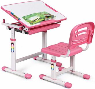 Costway Scrivania per Bambini Tavolo per Studenti con Sedia Inclinabile Regolabile in Altezza, Ergonomica, Vari Colori Disponibili, Rosa - Costway