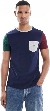 Polo Ralph Lauren T-shirt custom fit blu navy multicolore color block con logo icona