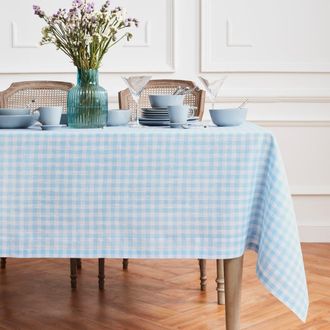 Solino Home Linen Tablecloth for Dining Table, Holiday and Everyday Dining Table Decor - Gingham Check in Blue Bell at Nordstrom, Size Xx-Large