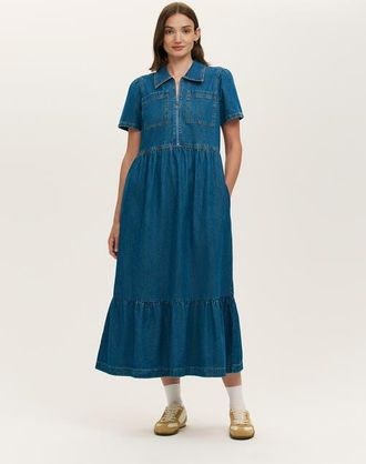 Finery Tania Denim Midi Shirt Dress in Mid Blue at Nordstrom, Size 10