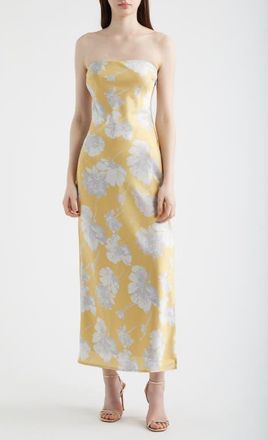 Lulus Whitney Strapless Satin Cocktail Dress in Gold Floral at Nordstrom, Size X-Small