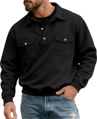 Generic Mens Sweatshirt Flannel Button Down Shirts Long Sleeve Retro Stand Collar Shirt Fashion Casual Sports Gym Tops with Chest Pockets Solid Color Sweatshi