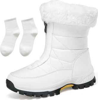 Generic Womens Waterproof Non-Slip Zipper Snow Boots, Warm Fleece-Lined Mid-Calf Winter Boots, Lightweight Outdoor Walking Boots (White, M, Adult, Women, 10, 