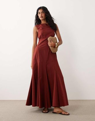 Asos Vestito lungo in popeline color ruggine scuro con scollo squadrato e vita scesa-Rosso