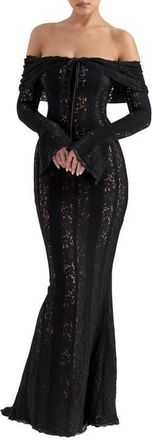 House of CB Belle Off the Shoulder Long Sleeve Maxi Dress in Black at Nordstrom, Size X-Small