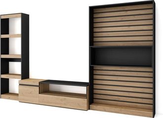 Skraut Home Muebles de sal&oacute;n para tv efecto madera roble y negro 320x35x186cm