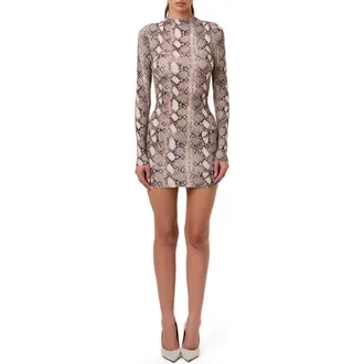 Naked Wardrobe Print Long Sleeve Body-Con Minidress in Nude Snakeskin at Nordstrom Rack, Size Large