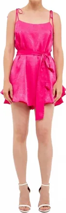 English Factory Spaghetti Tie Belted Romper Dress In Pink