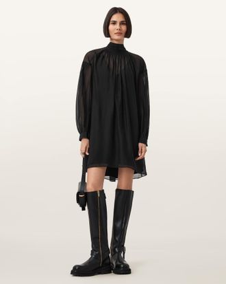 AllSaints Viscose Pearla High Neck Mini Dress, Size: UK 16/US 12