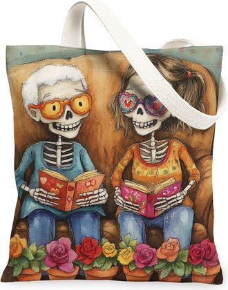 Generic Romantic Valentines Day Canvas Tote Bag for Shopping 13x15, Fun Old Skeleton Skull Couple Reusable Grocery Print Pattern Bag for Women, Lover Beach Ae