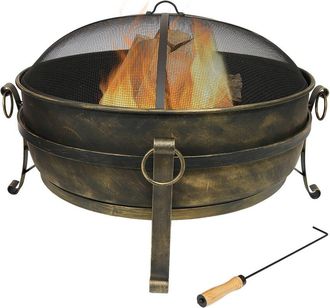 Sunnydaze 34In Fire Pit Steel Cauldron Design With Spark Screen And Fire Poker