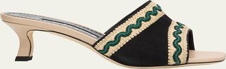 Manolo Blahnik 50mm Marebis Embroidered Crochet-Trim Suede Mules