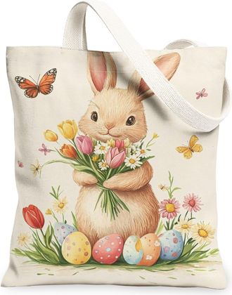 Generic Easter Floral Canvas Tote Bags, Cute Rabbit with Flowers Pattern Reusable Bags, Spring Vintage Lightweight Washable Canvas, Beige, 13x15 Inch
