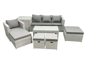 Fimous Rattan Garden Furniture Set Outdoor Lounger Sofa with Coffee Table 4 Footstools Side Table Light Grey Mixed 8 Seater