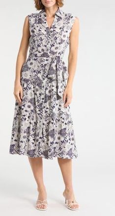 Ellen Tracy Cap Sleeve Tiered Midi Shirtdress in Blue Daisy at Nordstrom Rack, Size X-Small