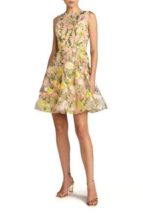 Mac Duggal Sleeveless Embroidered Lace High Neck Mini Dress in Yellow Multi at Nordstrom, Size 14