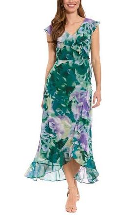 London Times Ruffle Cap Sleeve Faux Wrap Dress in Orchid/Teal at Nordstrom Rack, Size 10