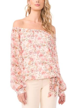 Vince Camuto Floral Off the Shoulder Tie Hem Top in New Ivory at Nordstrom, Size X-Large