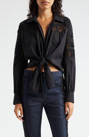 Cinq &agrave; Sept Marianna Mesh Embroidered Button-Up Shirt in Black at Nordstrom Rack, Size Xx-Small