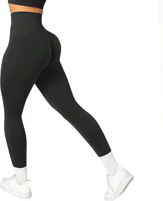 Generic Seamless Scrunch Bum Leggings for Women - High Waist Tummy Control Yoga Gym Workout Stretchy Pants UK Black, L