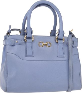 Ferragamo Beky Tote Saffiano Leather Blue Leather Handbag (Pre-Owned)