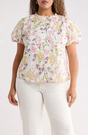 Sugarlips Lita Floral Avy Cotton Button-Up Top in White Multi at Nordstrom, Size 2X