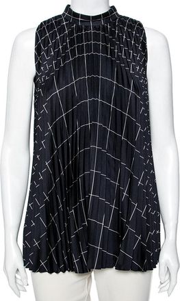 Ferragamo Navy Blue Windowpane Printed Silk Pleated Top